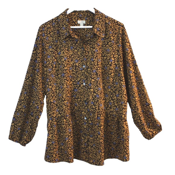 LOGO by Lori Goldstein Tops - LOGO Lori Goldstein Blouse Womens Large Brown Long Sleeve Button Animal Print